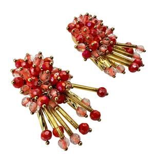 Vintage Coral Glass Beads Chacha Fringe Dangle Gold Tone 1.5" Earrings